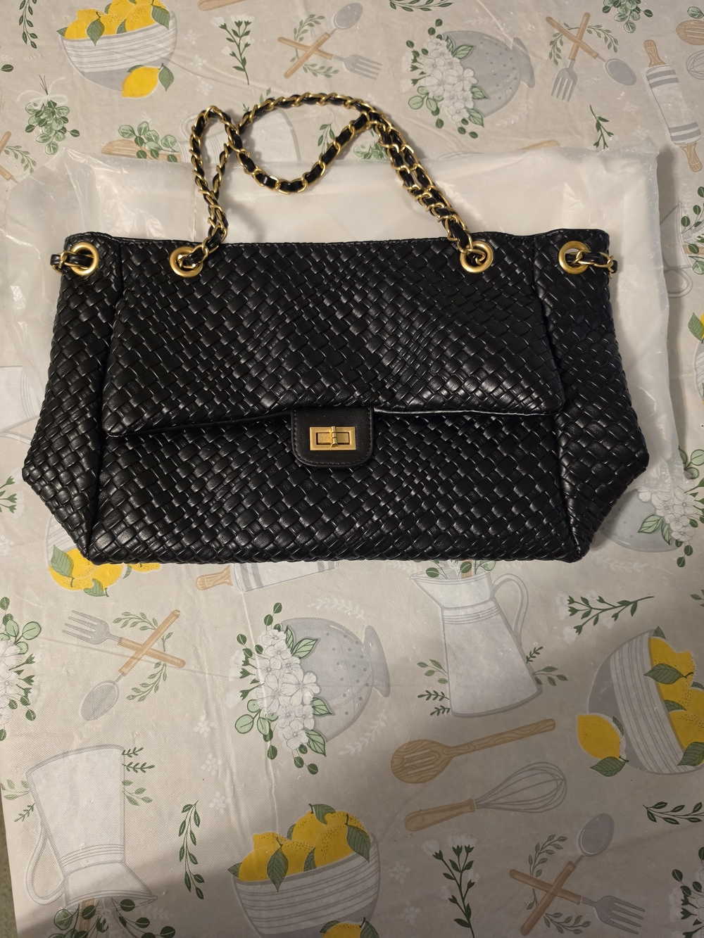 Black Woven Faux Leather Shoulder Bag with Gold Chain